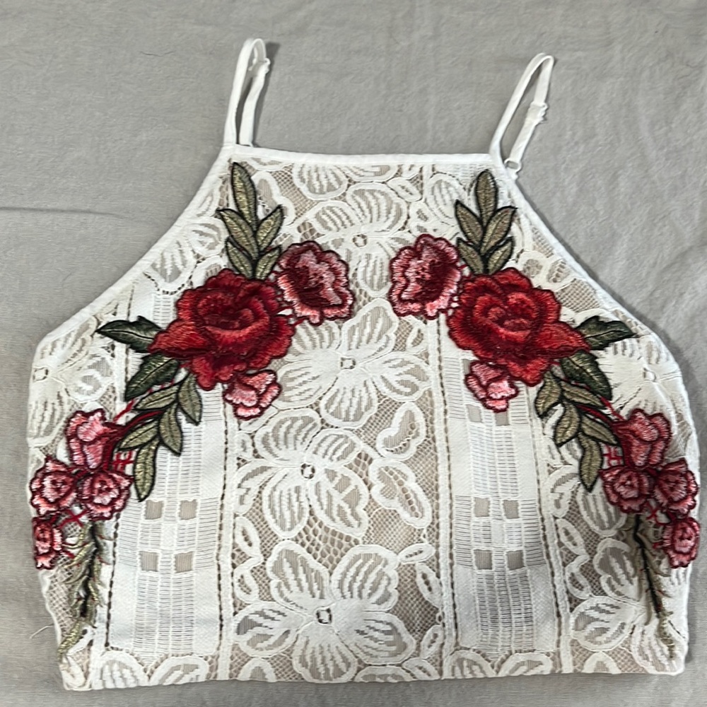 White Lace Halter Tank Dress with Red Rose Embroidery